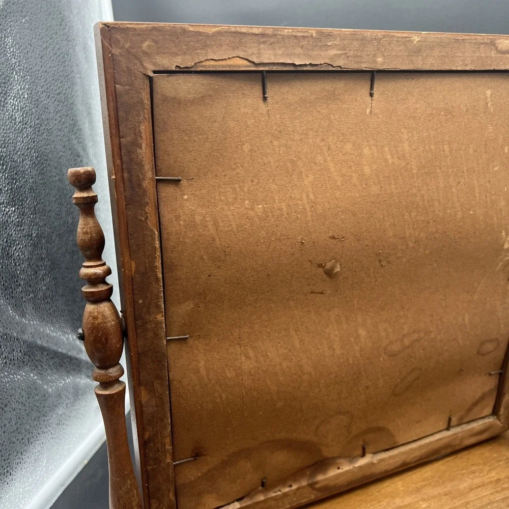 Vintage Wood Vanity Shaving Stand Dresser Table Top Swivel Beveled Mirror